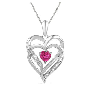 Sterling Silver Womens Round Synthetic Pink Sapphire Double Heart Pendant 3/4 Cttw