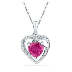 10kt White Gold Womens Round Synthetic Pink Sapphire Heart Pendant 1 Cttw