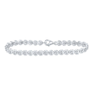 Sterling Silver Womens Round Diamond Heart Tennis Bracelet 1/6 Cttw