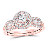 14kt Rose Gold Round Diamond Halo Bridal Wedding Ring Band Set 3/4 Cttw