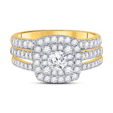 14kt Yellow Gold Round Diamond Halo Bridal Wedding Ring Band Set 1-1/2 Cttw