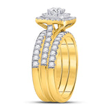 14kt Yellow Gold Round Diamond Halo Bridal Wedding Ring Band Set 1-1/2 Cttw