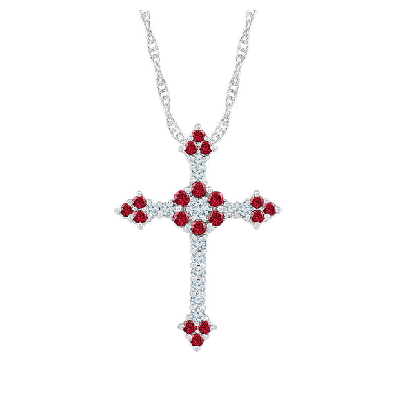 10kt White Gold Womens Round Synthetic Ruby Cross Pendant 1 Cttw