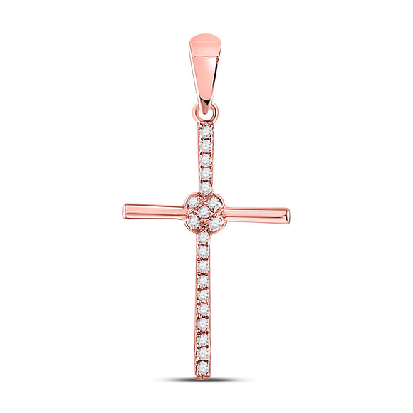 10kt Rose Gold Womens Round Diamond Cross Pendant 1/12 Cttw