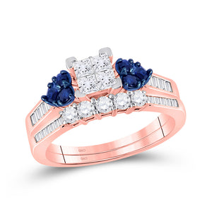 10kt Rose Gold Womens Princess Diamond Blue Sapphire Bridal Wedding Ring Band Set 3/4 Cttw