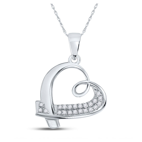 10kt White Gold Womens Round Diamond Heart Pendant 1/10 Cttw