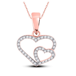 10kt Rose Gold Womens Round Diamond Double Heart Pendant 1/10 Cttw