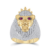 14kt Yellow Gold Mens Round Ruby Diamond Lion Face Animal Ring 1-3/4 Cttw