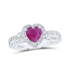 10kt White Gold Womens Heart Ruby Diamond Halo Ring 1-1/3 Cttw