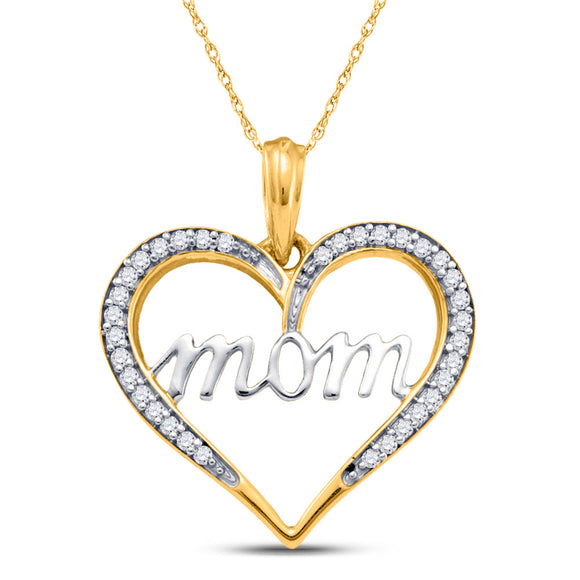 10kt Yellow Gold Womens Round Diamond Heart Mom Pendant 1/8 Cttw