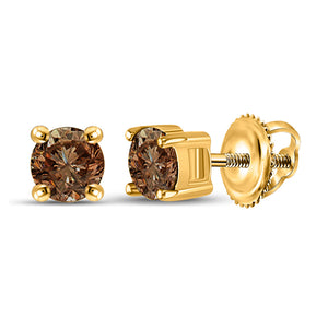 10kt Yellow Gold Womens Round Brown Diamond Solitaire Earrings 1 Cttw