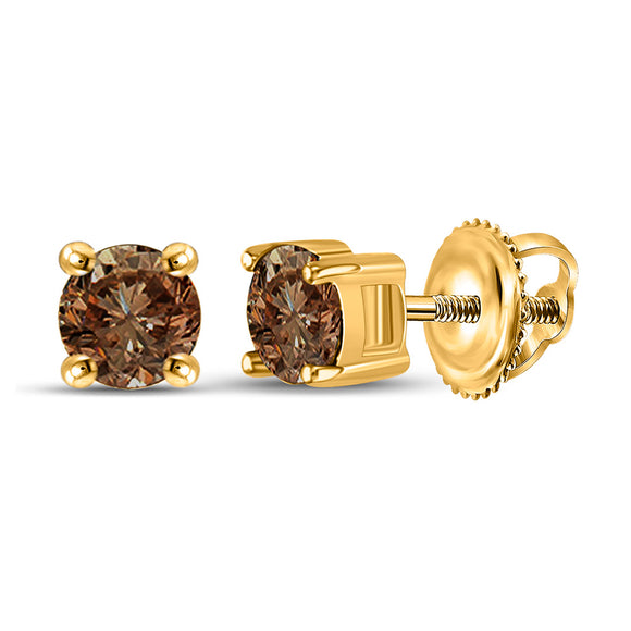 10kt Yellow Gold Womens Round Brown Diamond Solitaire Earrings 1 Cttw