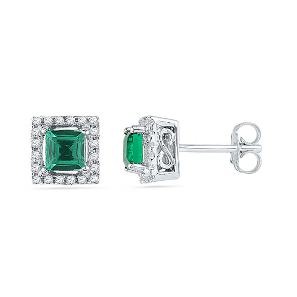 10kt White Gold Womens Princess Synthetic Emerald Stud Earrings 1/8 Cttw
